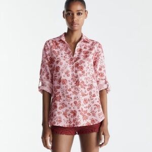 Zara Pink Floral Button Down Linen Blend Shirt, Size M